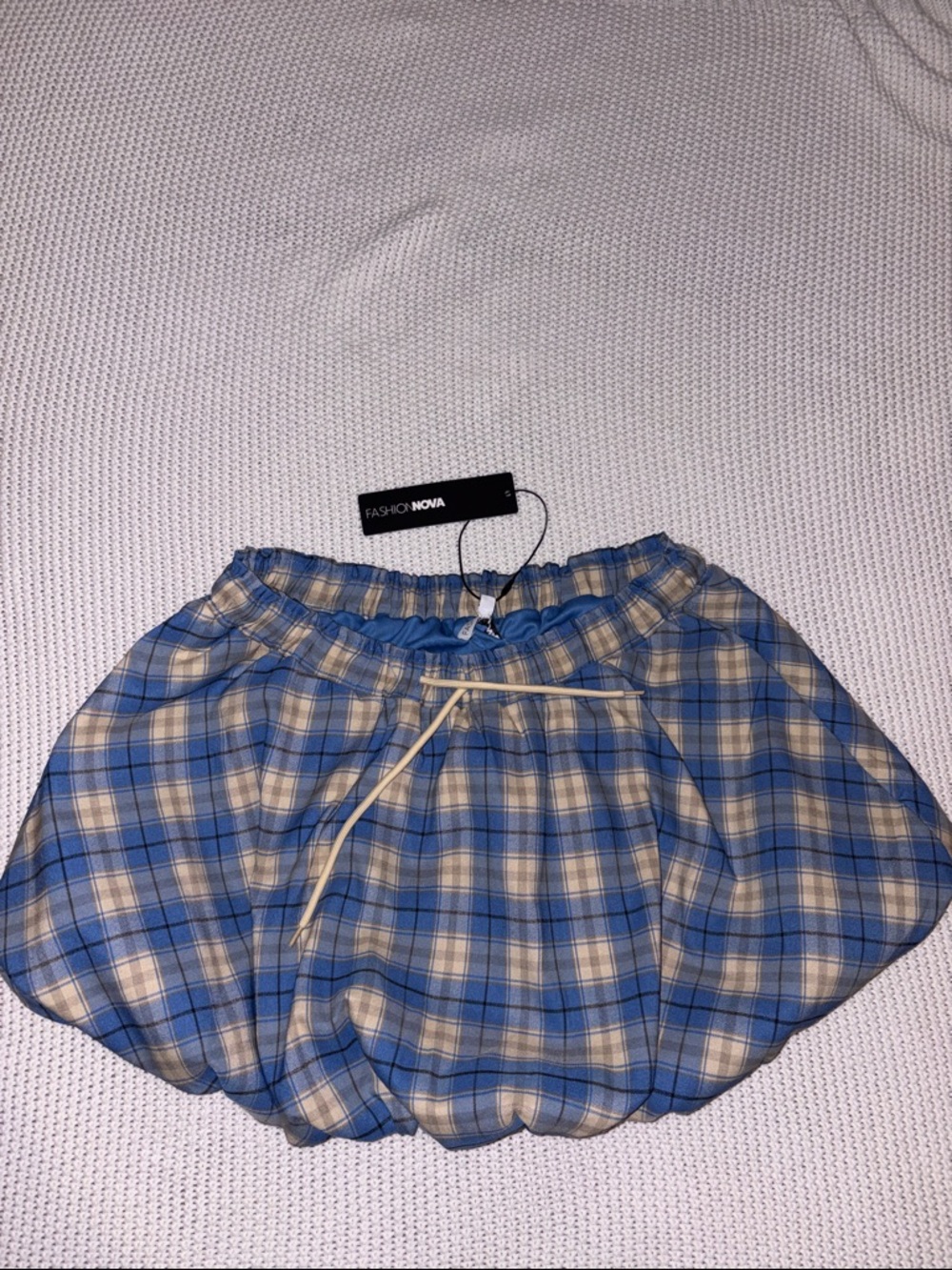 Fashion Nova Blue and Beige Plaid Bubble Mini Skirt